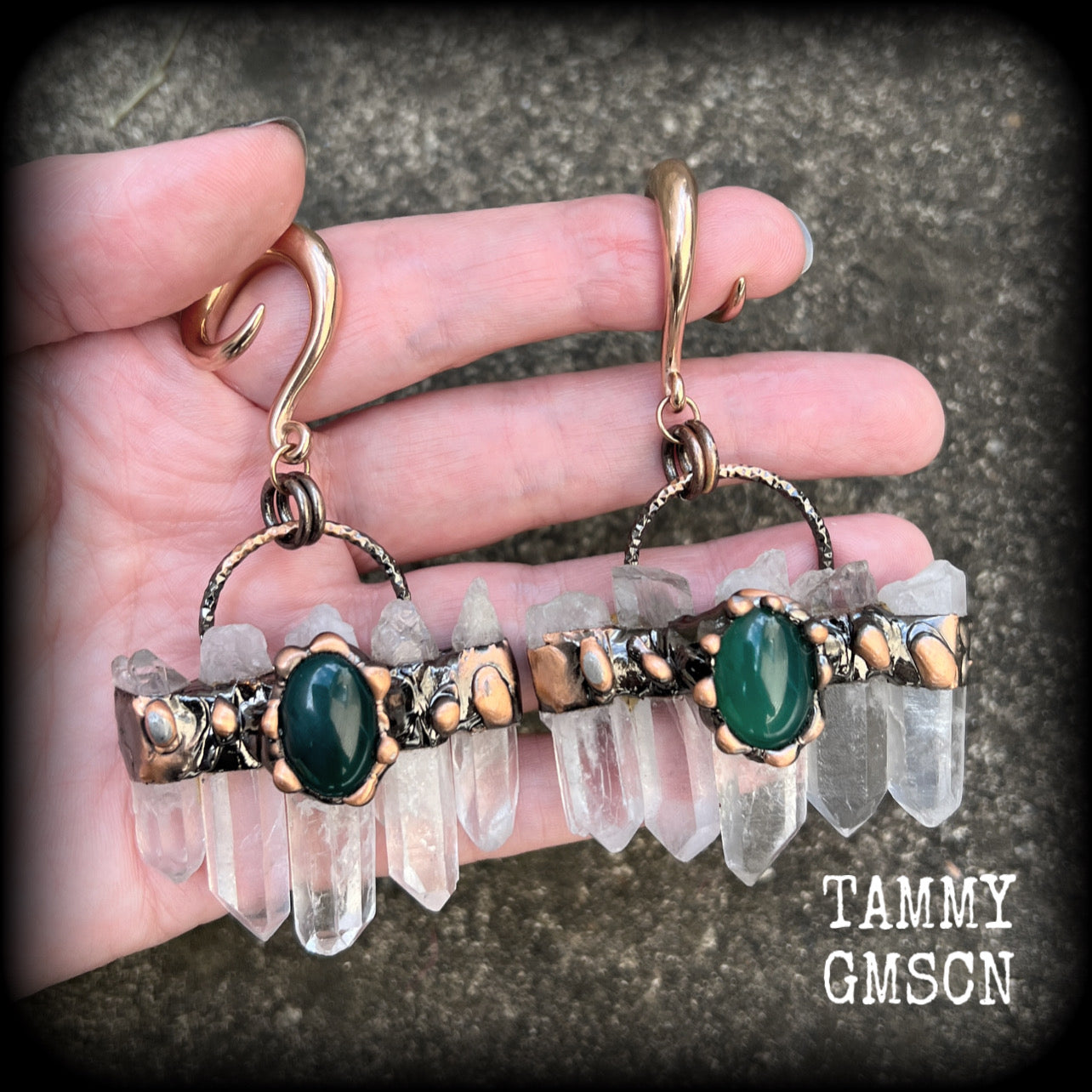 Clear quartz and green cabachon ear weights