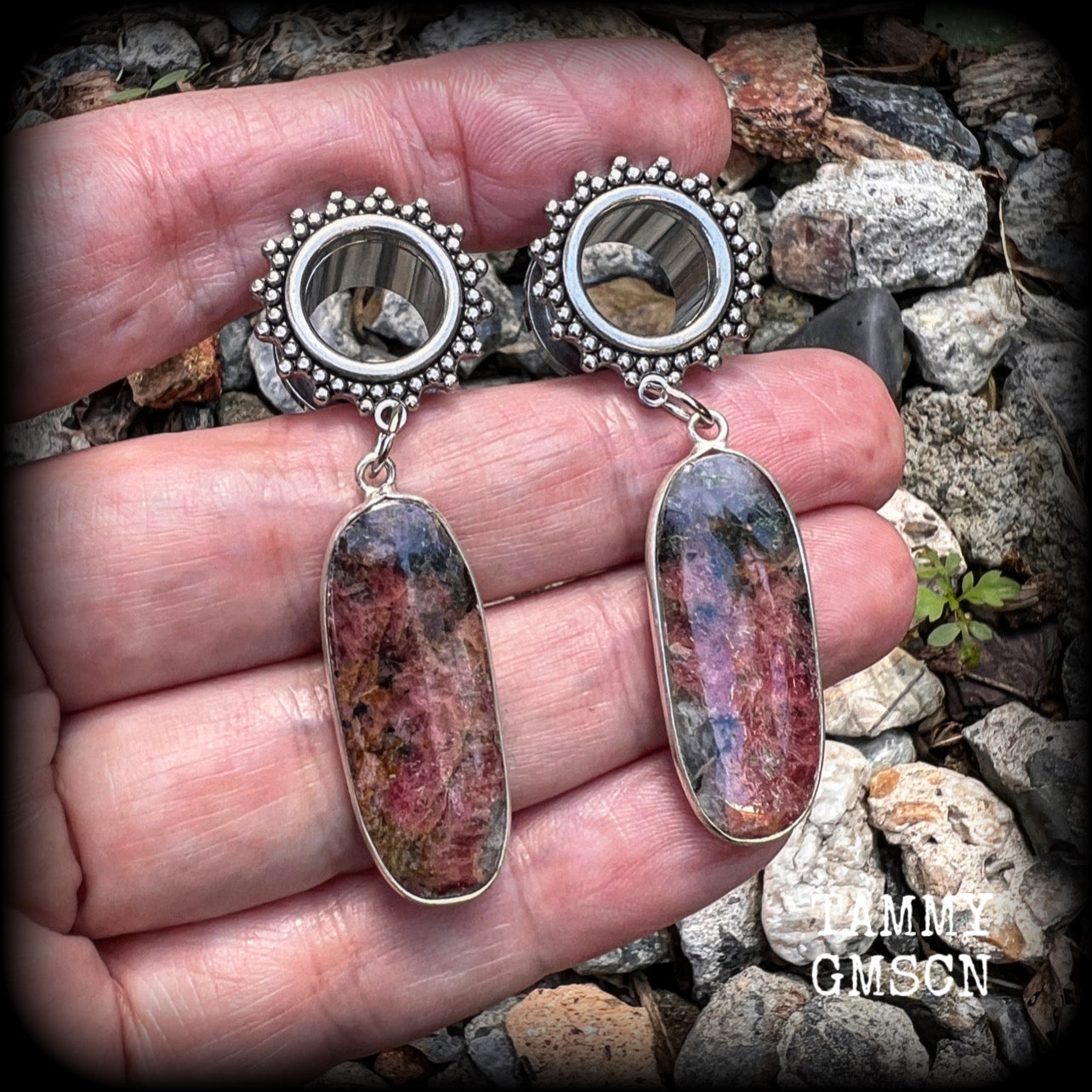 Gemstone tunnel earrings Rhodochrosite earrings 12mm tunnel dangles  Gauged earrings  Body jewelry 2g 0g 00g 1/2" 9/16" 5/8" 7/8" 3/4" 1" 1.10" 1.18" Earrings for stretched ears Gauged ears Stretched lobes