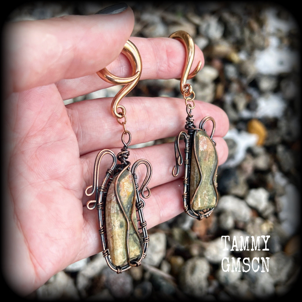 Unakite gauged earrings-Steampunk ear weights