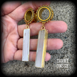 Ornate Selenite tunnels-Boho gemstone tunnel earrings