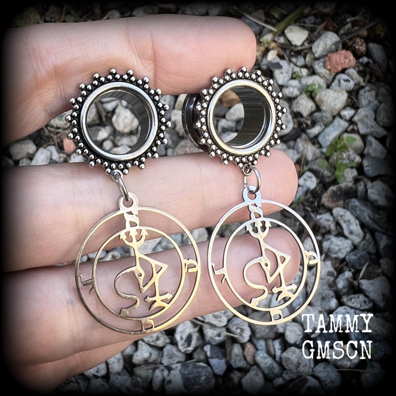 Sigil jewellery Sigil of Samael Sigil of Samael tunnel earrings Sigil jewelry Sigil jewellery Demons Demonology earrings Sigil earrings Occult earrings Occult jewelry Lesser magick Greater magick Crowley Aquino LaVey Esoteric earrings Church of Satan Key of Solomon Gauged ears Stretched ears Ear gauges