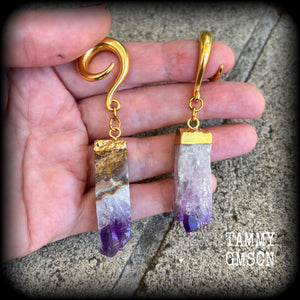 Raw Amethyst gauged earrings