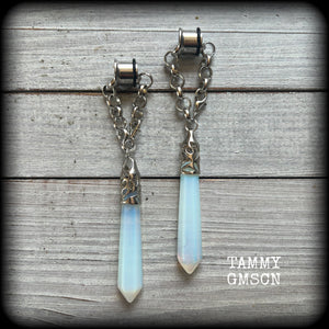 These gorgeous opalite earrings have been made with transluscent gemstone points, are nice and dangly measuring in at approx 10.5cms from tip to tip and not too heavy at 15 grams a piece. 
