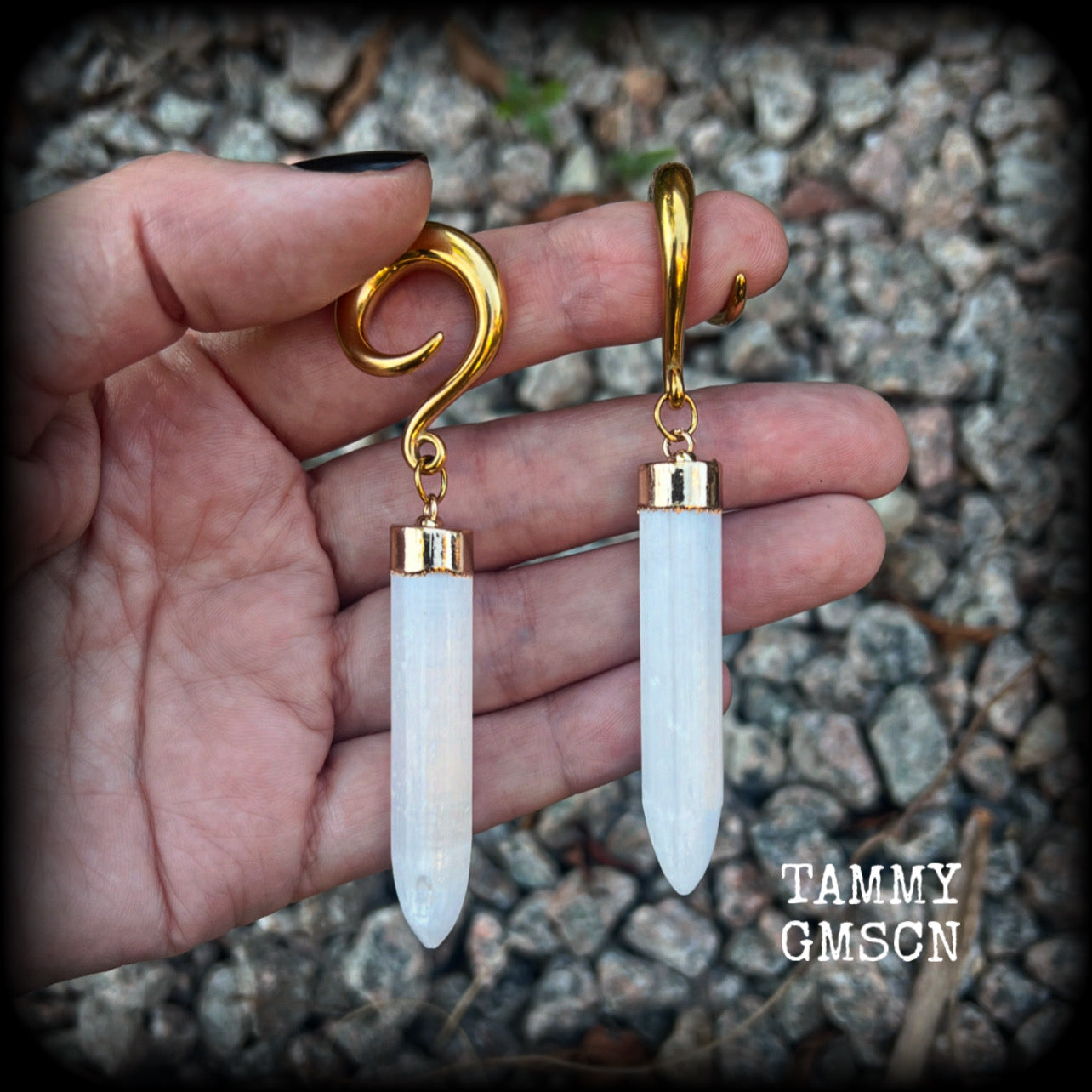 Selenite gauged earrings-Selenite ear hangers
