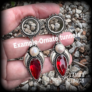 These earrings have gorgeous freshwater pearls and red garnet gemstones in a boho antique silver setting, weighing approx 13 grams each and measuring approx 7cms from tip to tip, made with 5/8" (16mm) gauge ornate surgical steel screw fit tunnels.