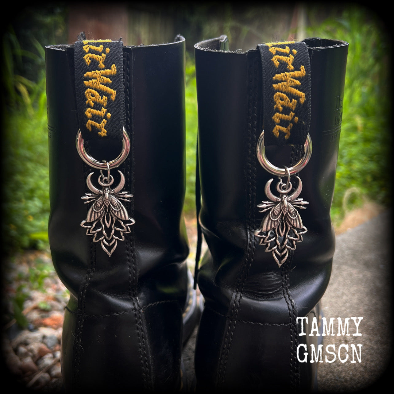 These stunning boot charms feature gorgeous pewter moth and mandala charms, measuring approx 3 across and just under 7cms from top to bottom.

Made to last, all our boot charms are made with super sturdy snap rings and strong jump rings.