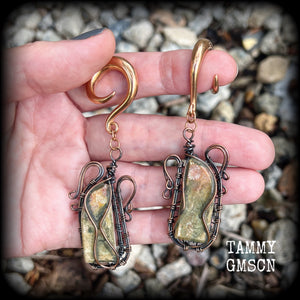 Unakite gauged earrings-Steampunk ear weights