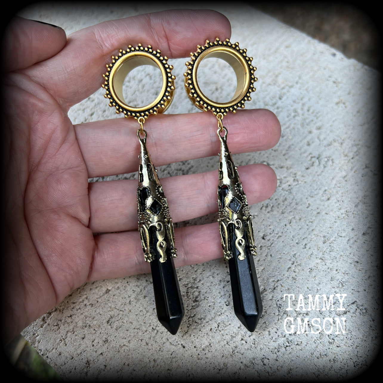 Black obsidian tunnel dangles-Ornate tunnels