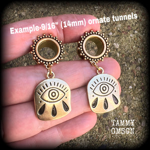 Evil eye tunnel earrings 14mm ear gauges 9/16” tunnel dangles Stretched lobes Occult jewelry Body jewelry 2g 0g 00g 1/2” 5/8” 3/4 7/8” 1” 6mm 8mm 10mm 12mm 14mm 16mm 19mm 22mm 25mm 28mm 30mm Stretched ears Gauged ears Gauged earrings Ear weights