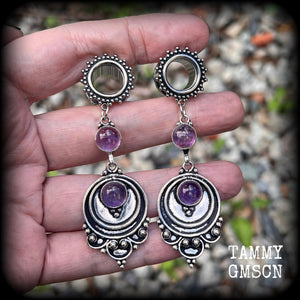 Amethyst ear weights 12mm tunnel earrings  jewelry Gemstone ear gauges Gypsy boho body jewelry Gemstone tunnel dangles Gemstone plugs Ear hangers Stretched lobes Gauged earrings Gauged ears 4mm 6mm 8mm 10mm 12mm 14mm 16mm 19mm 22mm 25mm 28mm 30mm