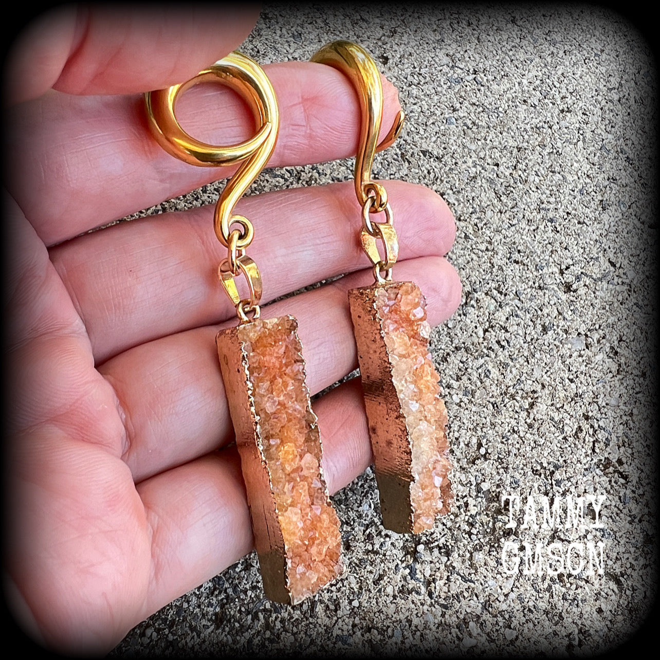 Burnt orange druzy crystal gauged earrings-Ear hangers