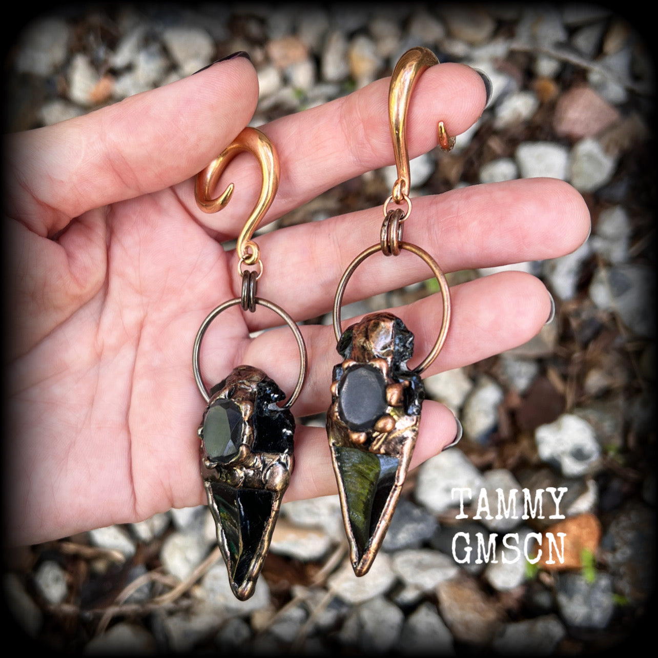 Black obsidian arrowhead gauged earrings-Gemstone ear weights