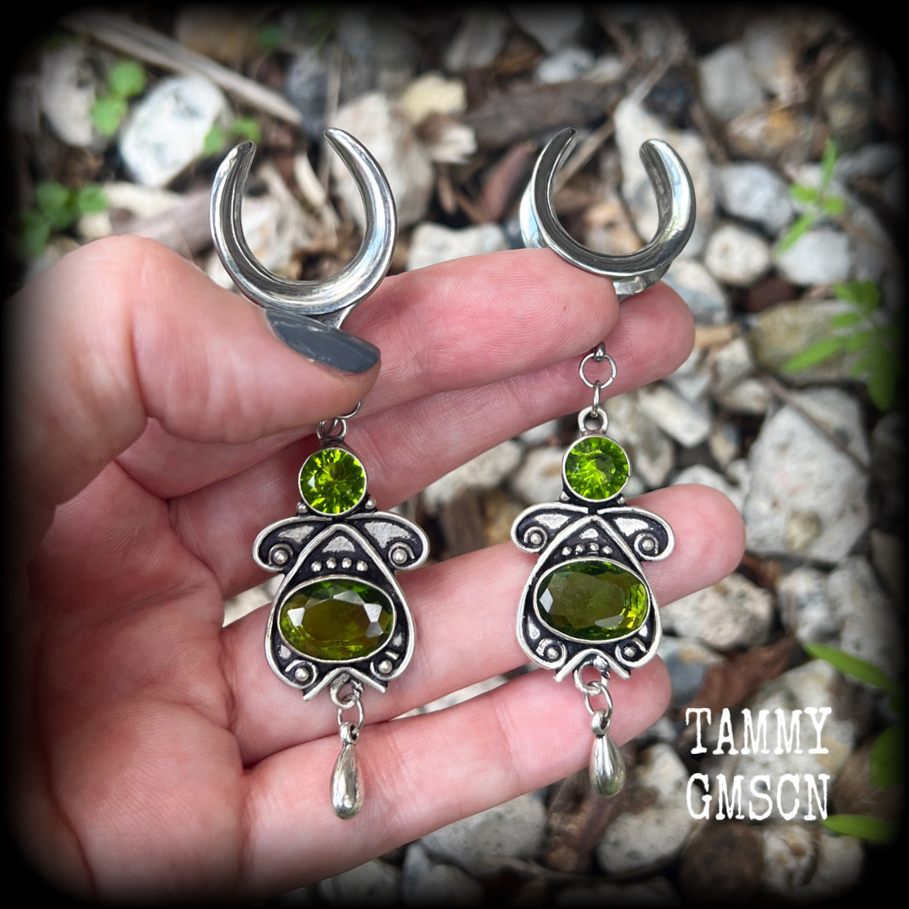 Peridot gauged earrings-Boho ear weights