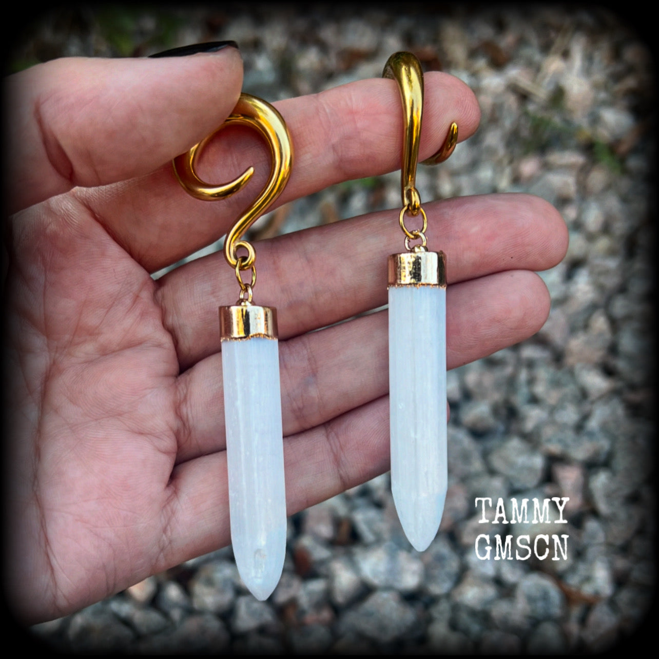 Selenite gauged earrings-Selenite ear hangers