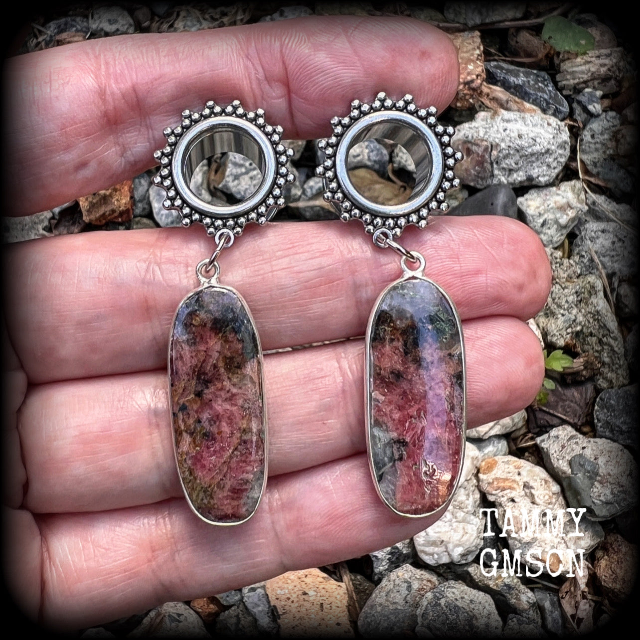 Gemstone tunnel earrings Rhodochrosite earrings 12mm tunnel dangles  Gauged earrings  Body jewelry 2g 0g 00g 1/2" 9/16" 5/8" 7/8" 3/4" 1" 1.10" 1.18" Earrings for stretched ears Gauged ears Stretched lobes