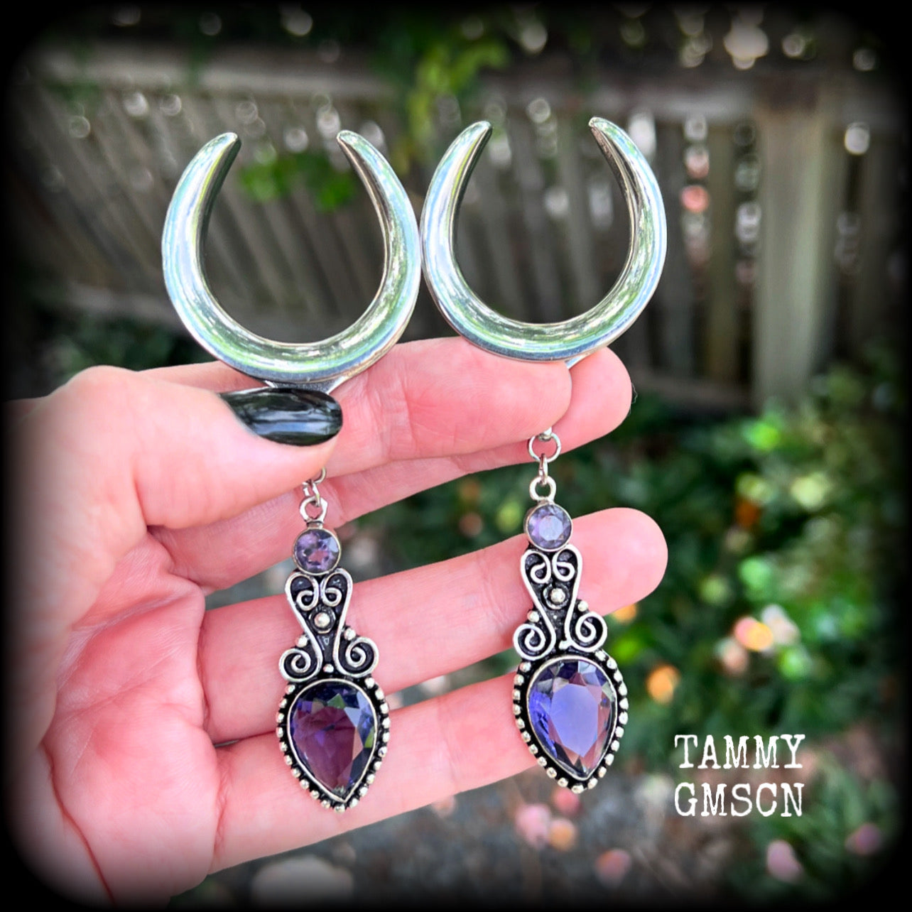Amethyst ear hangers-Gemstone gauged earrings