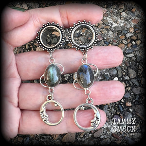 Moon goddess tunnel earrings-Labradorite gemstone tunnels