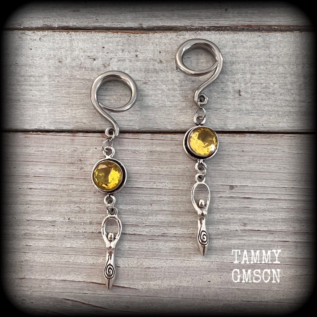 Citrine gemstone earrings 6 gauge ear weights Spiral goddess gauged earrings Body jewelry 2g 0g 00g 1/2” 9/16” 5/8” 3/4" 7/8" 1” 1.10” 1.18” Stretched ears Stretched lobes Gauged ears Gemstone ear weights Occult earrings Wicca jewellery Pagan jewelry