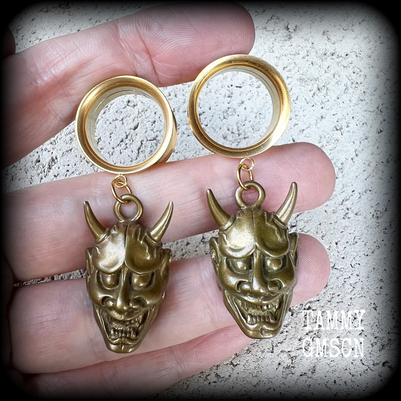 Brass hannya tunnel earrings-Japanese earrings