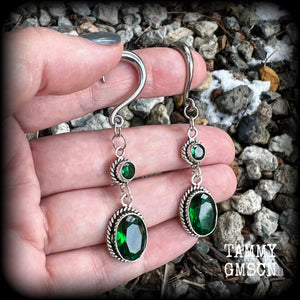 Emerald green gemstone gauged earrings-Boho earrings