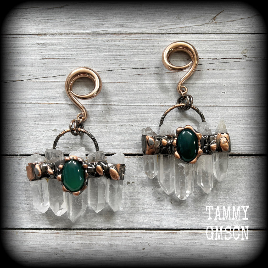 Clear quartz and green cabachon ear weights