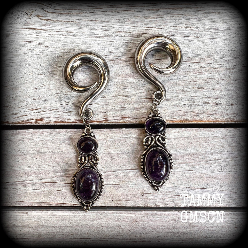 Amethyst jewelry Amethyst ear weights 0 gauge ear weights Ear gauges Amethyst gauged earrings Gemstone gauged earrings Gemstone ear weights Ear hangers Witchy jewelry Gauged ears 4mm 6mm 8mm 10mm 12mm 14mm 16mm 19mm 22mm 25mm 28mm 30mm Gypsy boho