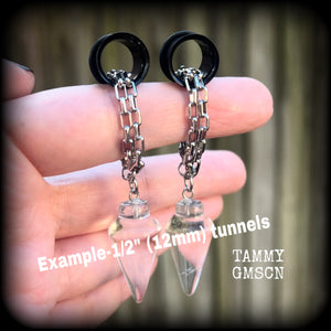 These gorgeous clear quartz earrings have been made with gemstone pendulums, are nice and dangly measuring in at just on 8cms from tip to tip and not too heavy at 8 grams a piece. 

🔥🔥🔥 This listing is for the chain/lobster clasp combination shown in the product photos, suitable for 0 gauge and larger. If you choose a smaller size of tunnel than 0 gauge we will make these on a smaller chain.