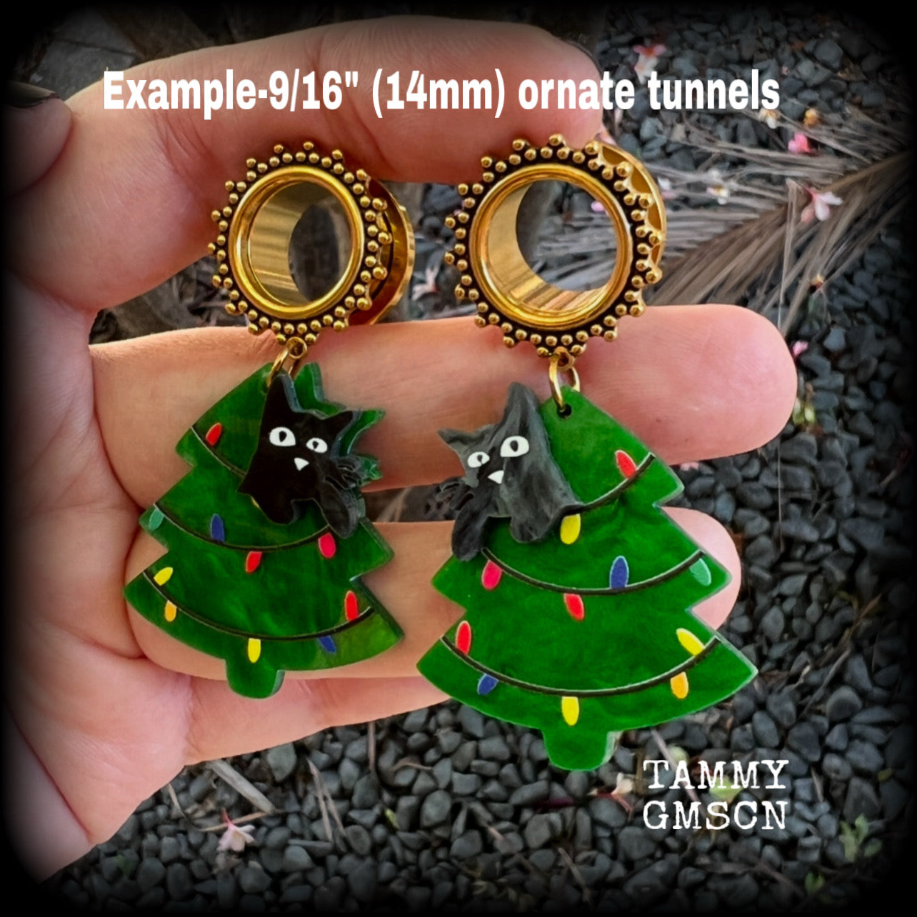 Black cat tunnel earrings-Christmas tree earrings