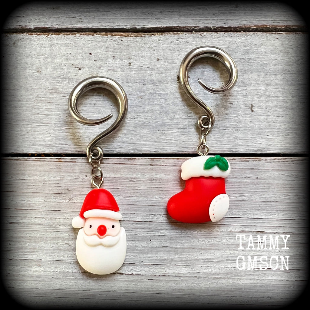 Santa Claus earrings Santa stocking earrings Christmas earrings Christmas Stocking Secret santa Stocking stuffers Christmas jewelry Yule jewelry Yuletide 6 gauge ear weights Stretched lobes 4mm 6mm 8mm 10mm 12mm 14mm 16mm 19mm 22mm 25mm 28mm 30mm