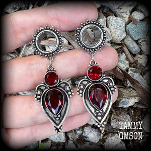 Beautiful deep red garnet gemstones in a gorgeous boho antique silver setting, made on ornate tunnel earrings for stretched lobes, available on a range of hooks and clasps for pierced ears and stretched lobes.