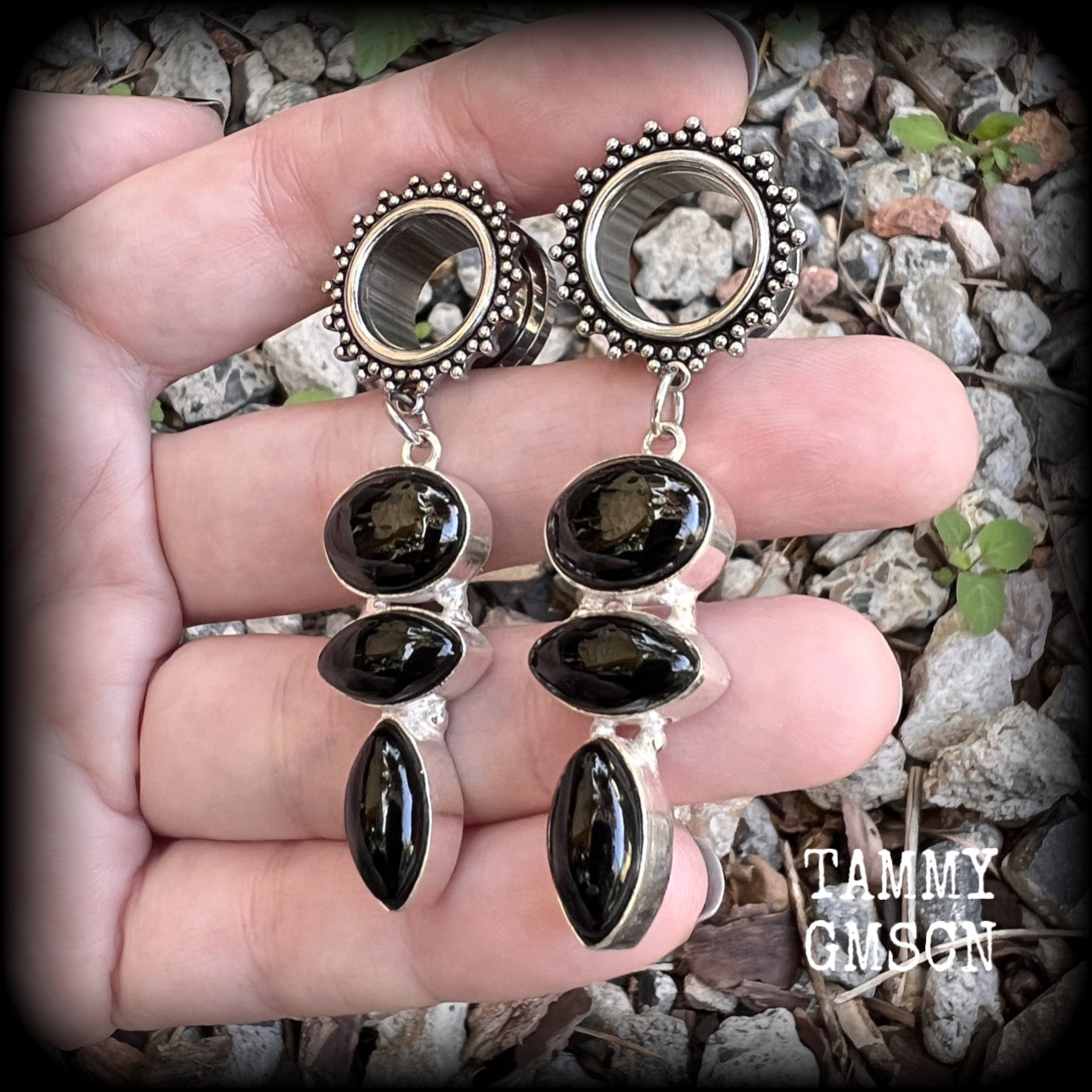 Black onyx tunnel dangles-Ornate tunnels