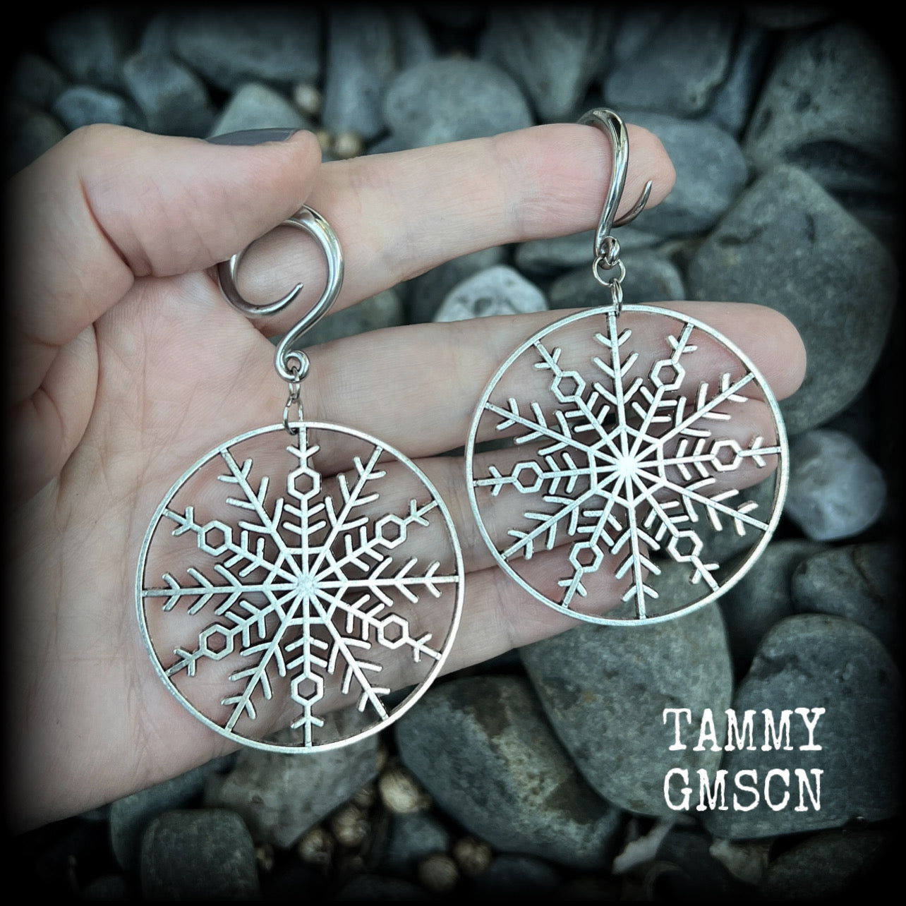 Snowflake gauged earrings-Christmas earrings