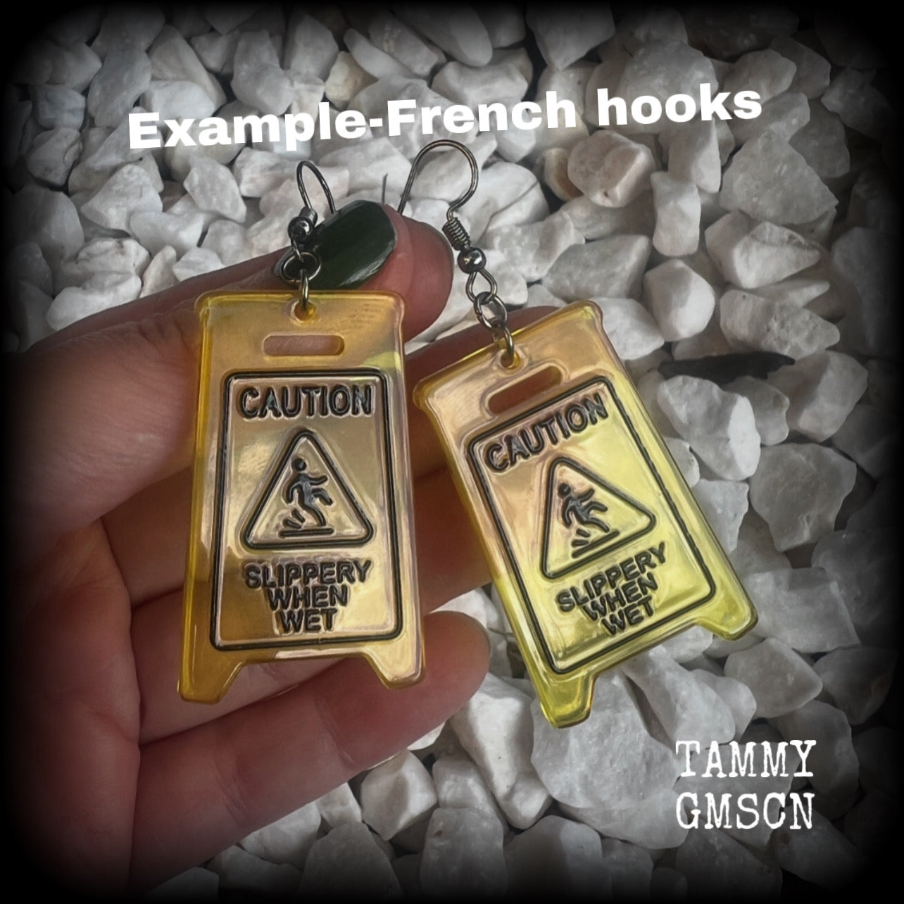 These awesome fluoro yellow acrylic ‘Slippery when wet’ sign earrings measure in at just on 7cms, are nice and light weighing only 4 grams each.

This pair has been made with stainless steel french hooks, for pierced ears.