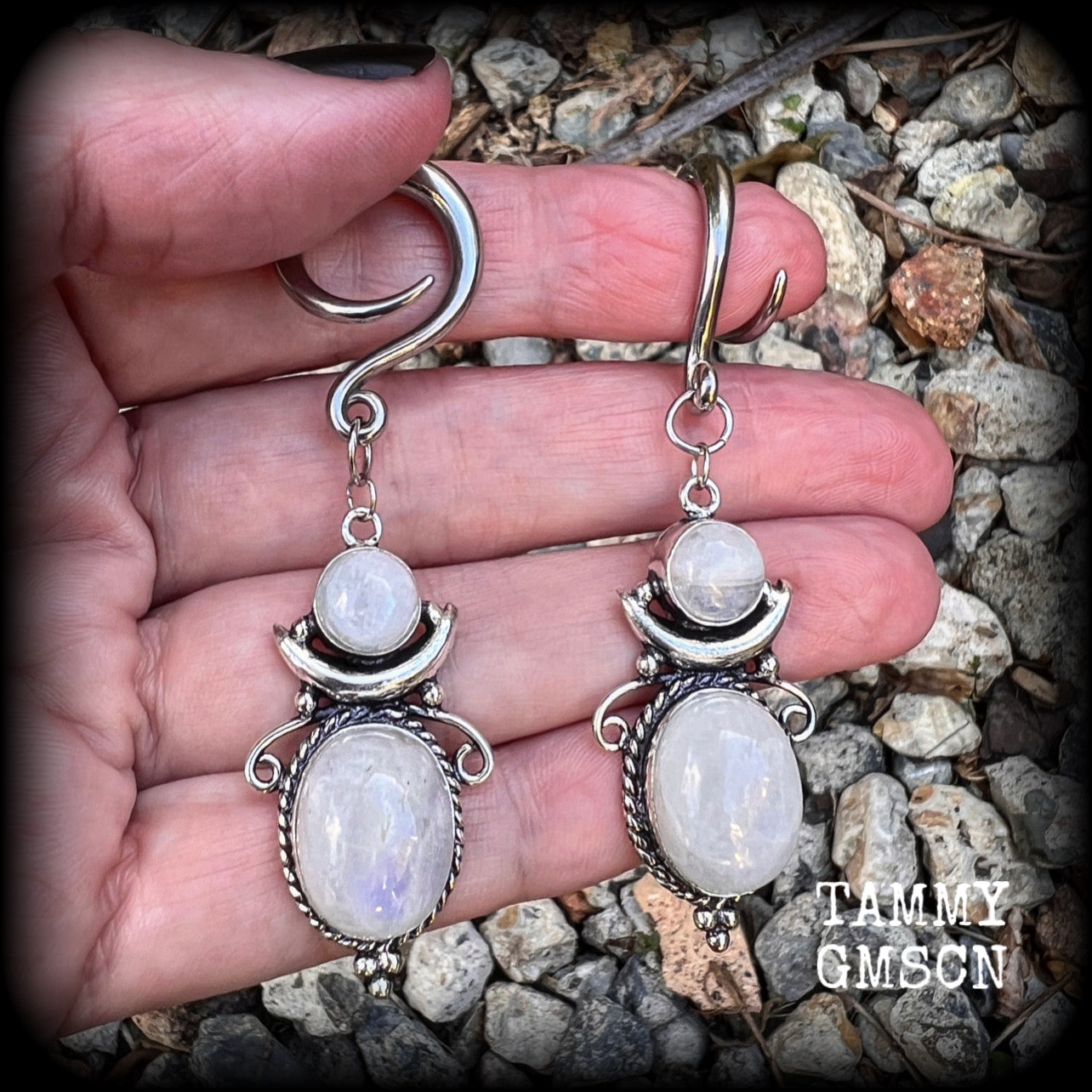 Rainbow moonstone earrings Gemstone gauged earrings Gemstone ear hangers 6 gauge tunnel dangles Gemstone ear weights 