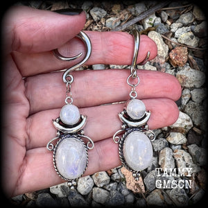 Rainbow moonstone earrings Gemstone gauged earrings Gemstone ear hangers 6 gauge tunnel dangles Gemstone ear weights 