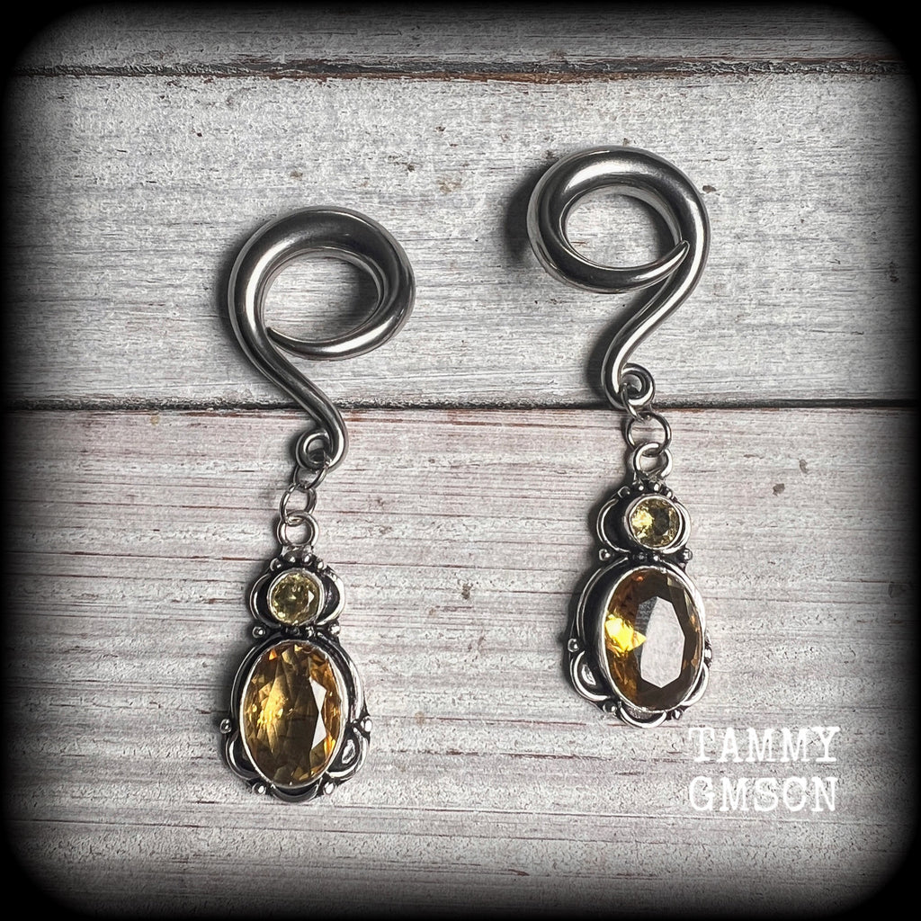 Yellow citrine gauged earrings-Gemstone ear weights-Hanging gauges