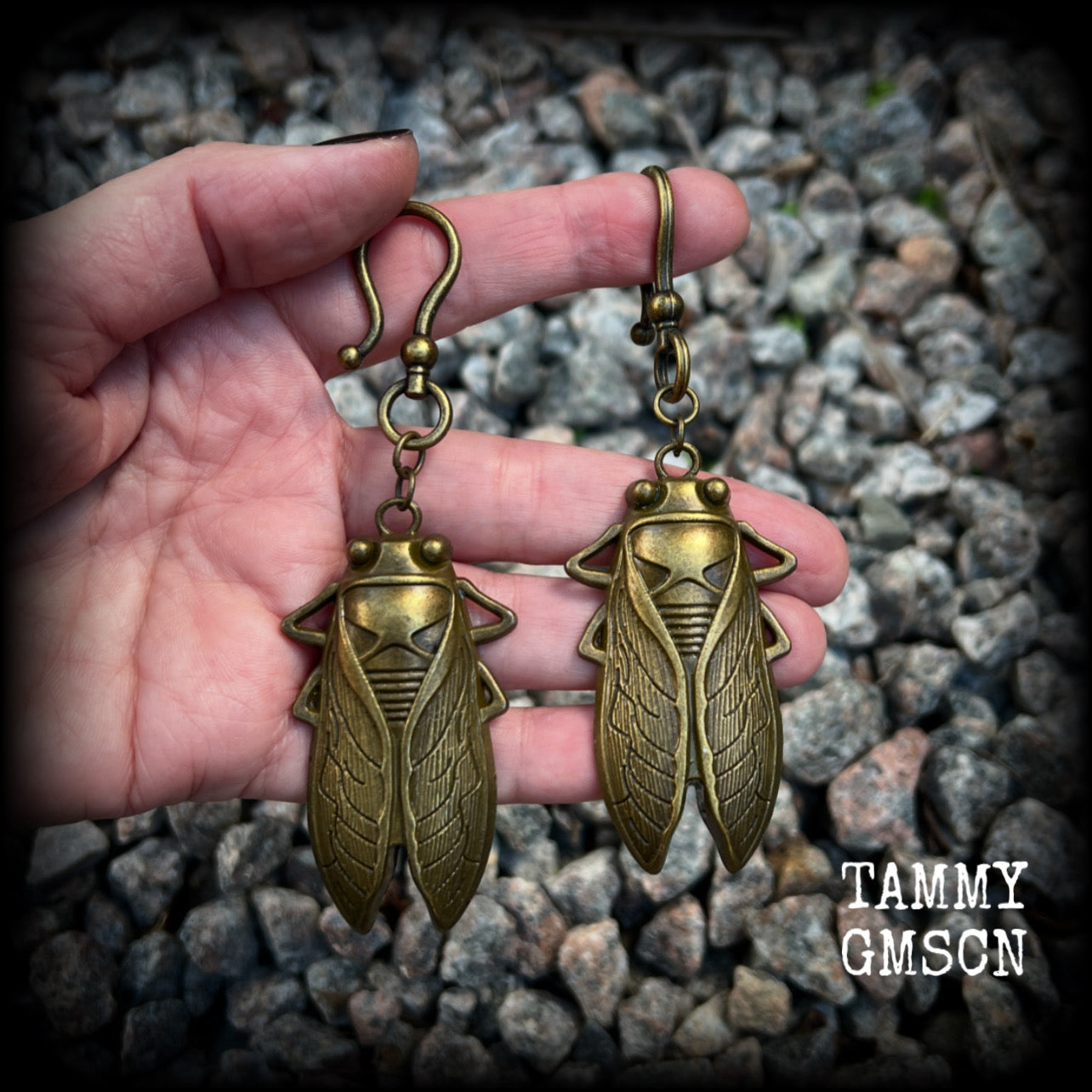 Antique bronze cicada earrings-Insect ear hangers