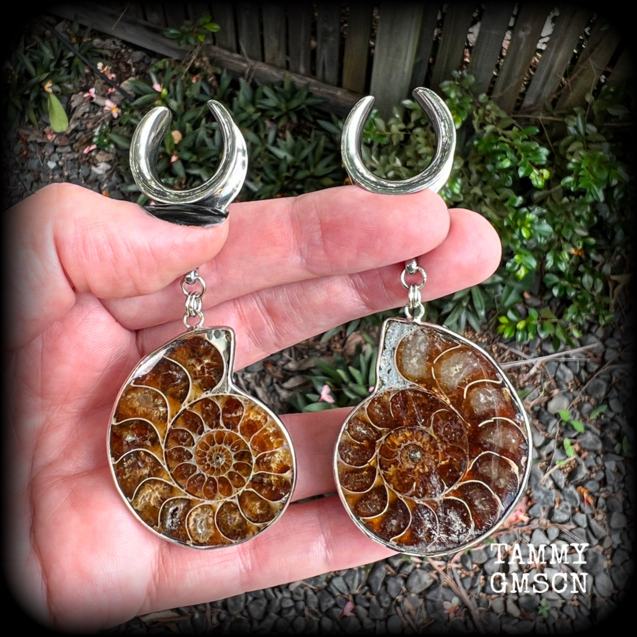 These big beautiful ammonite fossil gauged earrings are gorgeous!! This pair measures just on 9cms from tip to tip, and weigh in at approx 25 grams each.

♥️ IF YOU ORDER THESE EARRINGS YOU RECEIVE THIS EXACT PAIR ♥️

This pair has been made on 3/4" gauge (19mm) surgical steel cradles, suitable for stretched lobes.