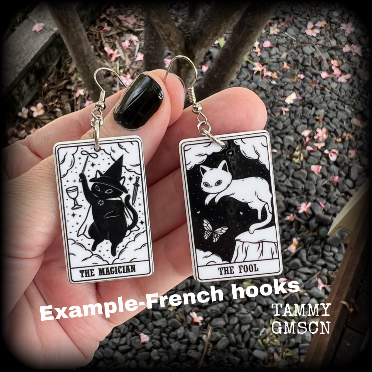 These adorable cat tarot earrings feature The Fool and The Magician lightweight tarot card charms, weighing only a few grams each, and measure approx 5cms from tip to tip.

This pair has been made with stainless steel french hooks, for pierced ears.