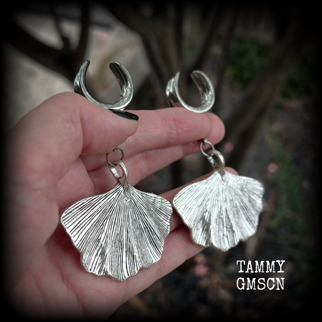 Silver ginkgo leaf gauged earrings-Goddess Gaia gauged earrings