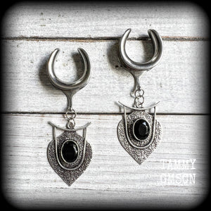 Black obsidian gauged earrings