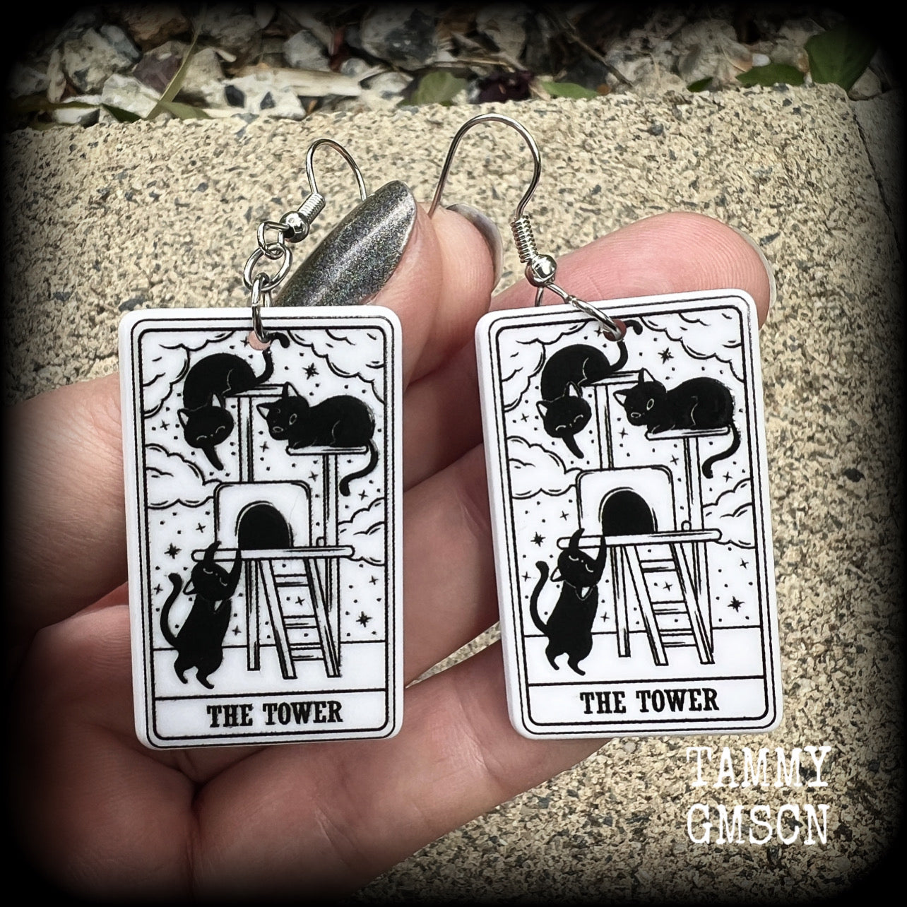 The Cat Tower tarot card earrings
