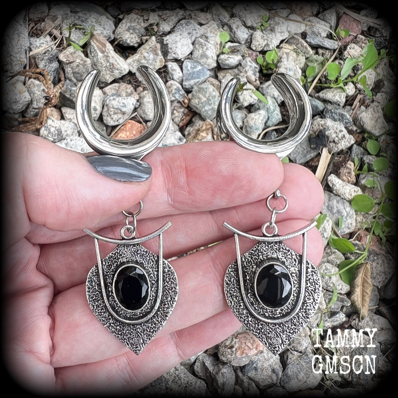 Black obsidian gauged earrings