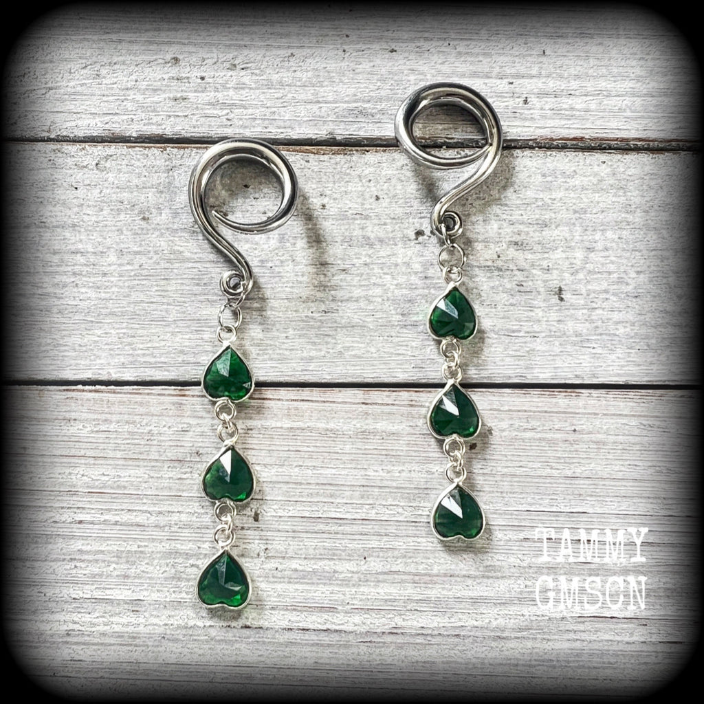 Emerald green gemstone gauged earrings-Boho earrings