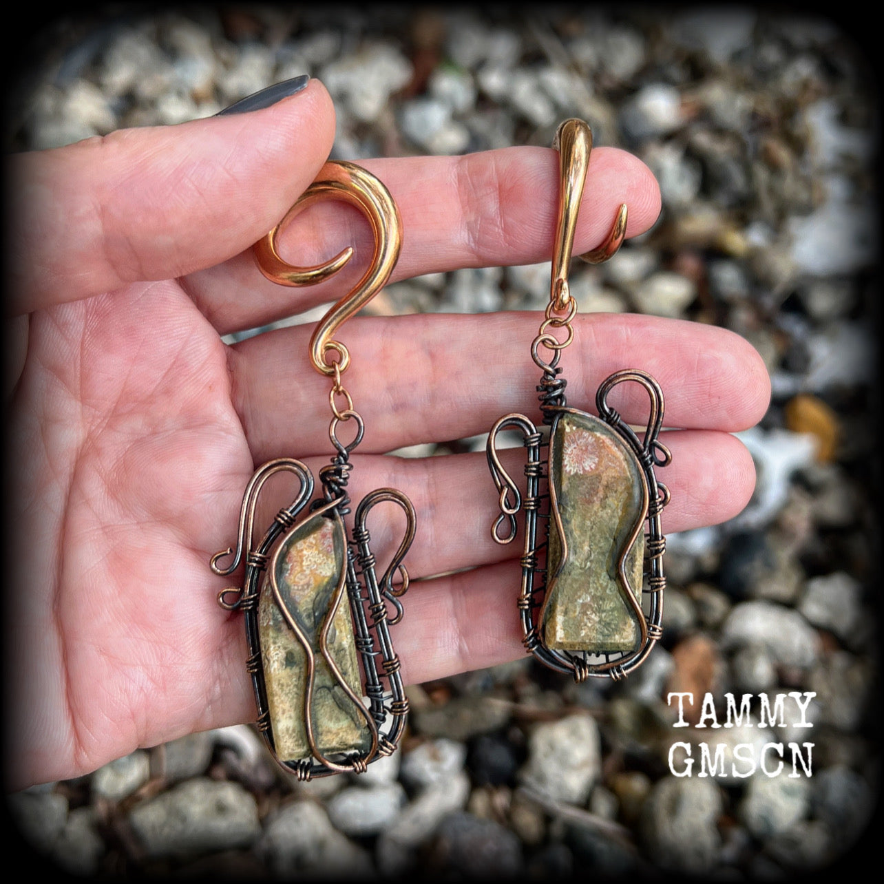 Unakite gauged earrings-Steampunk ear weights