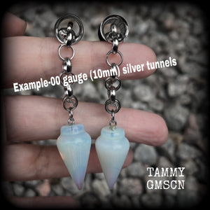 These gorgeous opalite earrings have been made with transluscent gemstone pendulums, are nice and dangly measuring in at just on 7.5cms from tip to tip and not too heavy at 11 grams a piece.

🔥🔥🔥 This listing is for a chunky chain/lobster clasp combination suitable for 00 gauge and larger. If you choose a smaller size of tunnel than 00 gauge we will make these on a smaller chain.

💥This listing includes one pair of surgical steel single flared O-ring earlets
