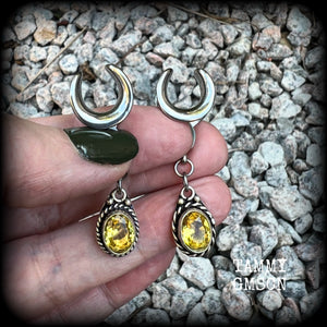 These beautiful boho gauged earrings have been made with gorgeous yellow citrine gemstones, lovely and dangly at approx 4.5cms from tip to tip, and weighing approx 5 grams each.  These earrings have been made on 1/2” gauge (12mm) surgical steel cradles, to be worn in stretched lobes.