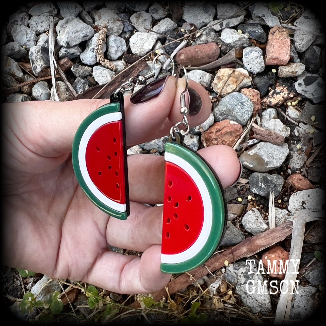 Watermelon earrings Fruit earrings Kitsch earrings Retro earrings Tunnels MCM jewelry Vegan Pierced ears Gauges Retro jewelry Fruit salad Gifts for vegans Novelty earrings Red earrings Bright earrings Colourful earrings Retro jewelry Kitsch jewelry