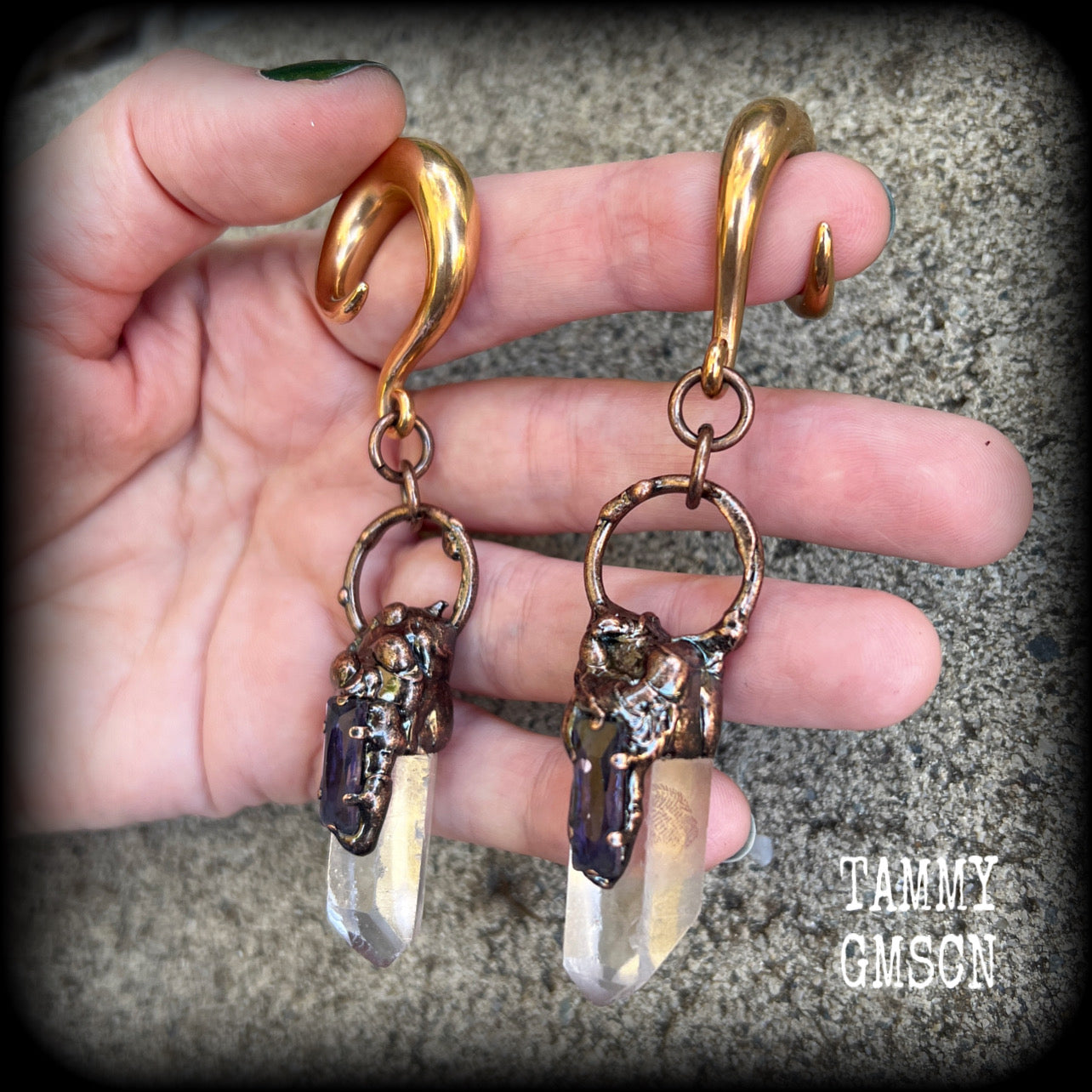 Quartz and amethyst gauged earrings-Gemstone ear weights