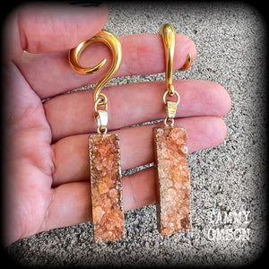 Burnt orange druzy crystal gauged earrings-Ear hangers